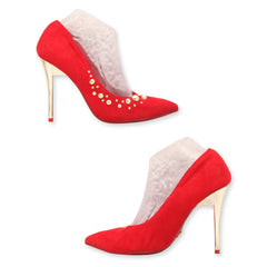 red studded pointed toe high heels